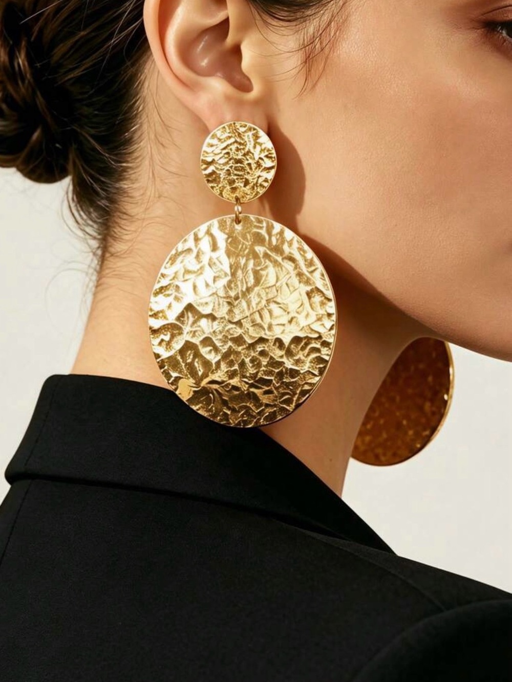 Gold Textured Statement Drop Earrings – Large Round Dangle Earrings